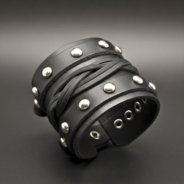 REBEL EDGE - 70mm Black Genuine Leather Adjustable Bracelet for Men & Boys (10 inch)