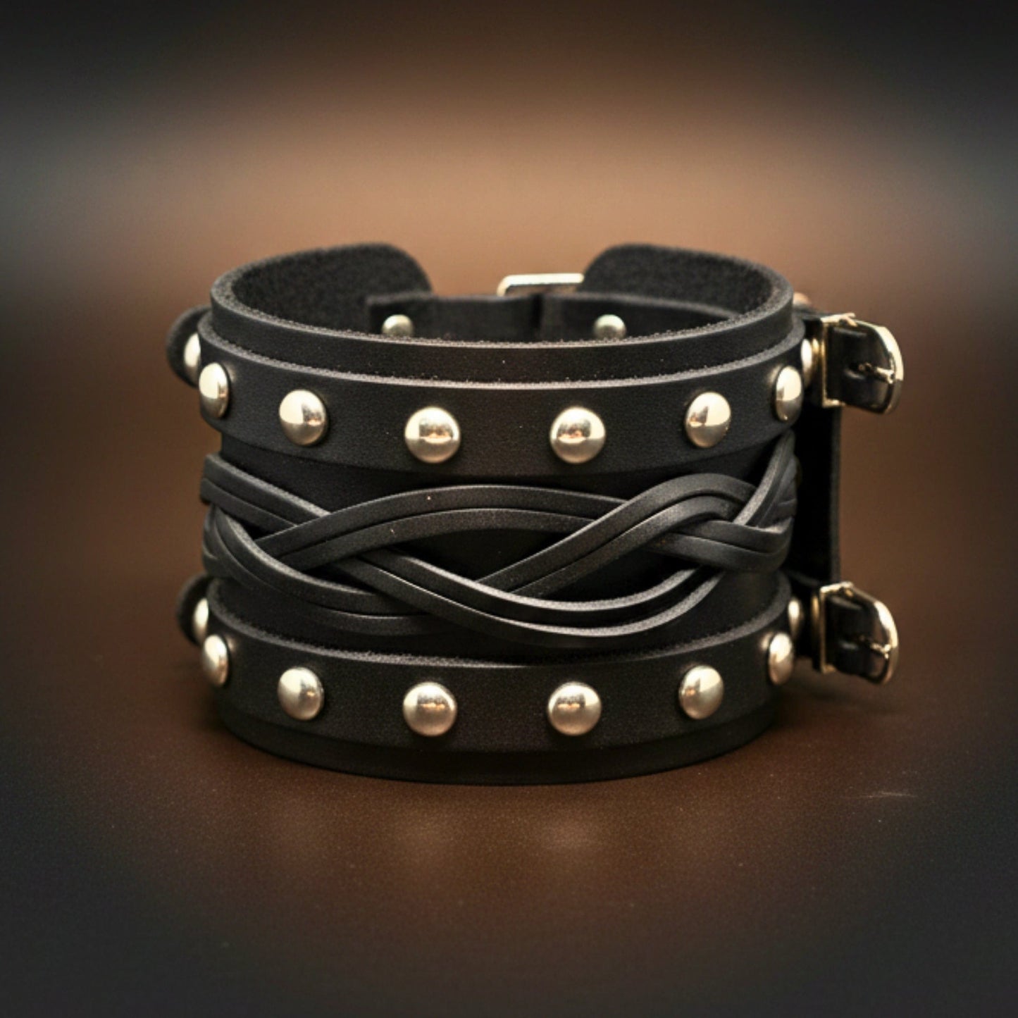 THE MEN THING Leather Bracelet REBEL EDGE - 70mm Black Genuine Leather Adjustable Bracelet for Men & Boys (10 inch)