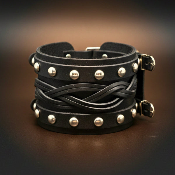 REBEL EDGE - 70mm Black Genuine Leather Adjustable Bracelet for Men & Boys (10 inch)