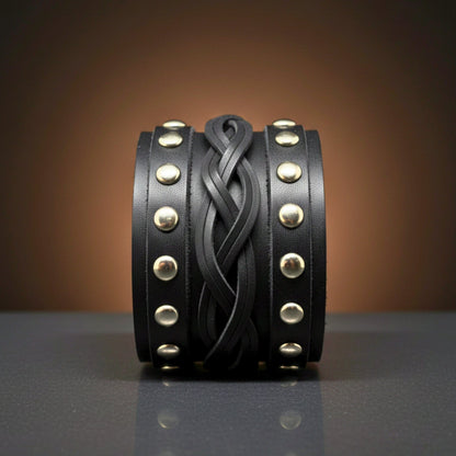 THE MEN THING Leather Bracelet REBEL EDGE - 70mm Black Genuine Leather Adjustable Bracelet for Men & Boys (10 inch)