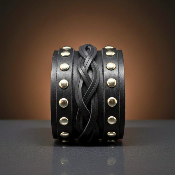 REBEL EDGE - 70mm Black Genuine Leather Adjustable Bracelet for Men & Boys (10 inch)