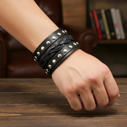 THE MEN THING Leather Bracelet REBEL EDGE - 70mm Black Genuine Leather Adjustable Bracelet for Men & Boys (10 inch)