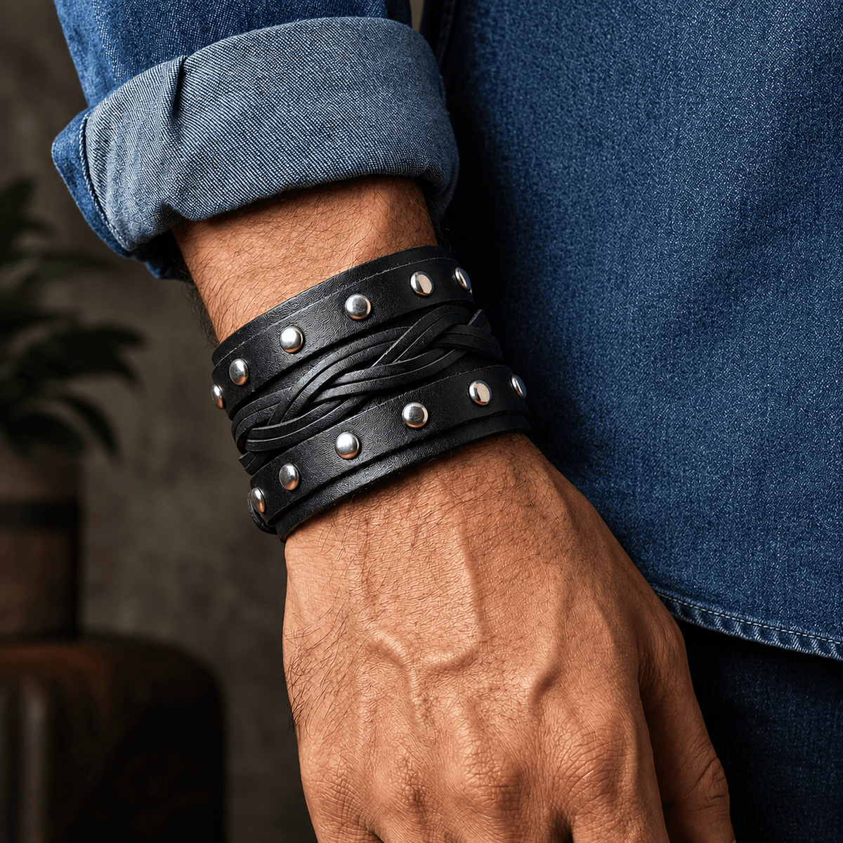 THE MEN THING Leather Bracelet REBEL EDGE - 70mm Black Genuine Leather Adjustable Bracelet for Men & Boys (10 inch)