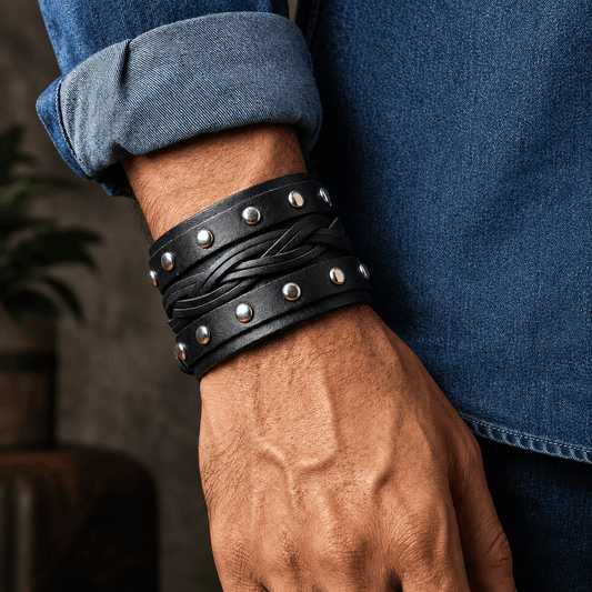 THE MEN THING Leather Bracelet REBEL EDGE - 70mm Black Genuine Leather Adjustable Bracelet for Men & Boys (10 inch)