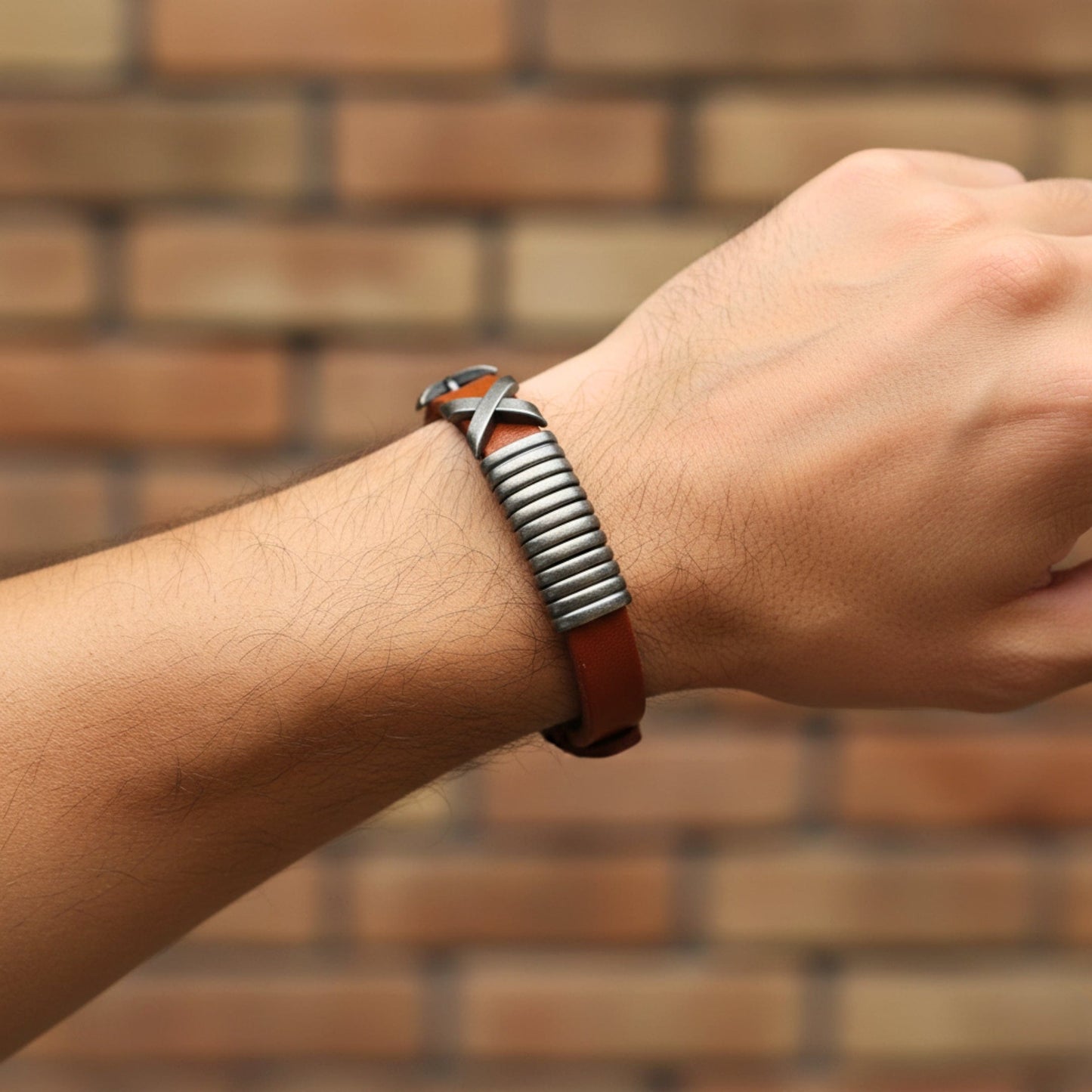 THE MEN THING Leather Bracelet REBEL RUSTX - 10mm Brown Genuine Leather Adjustable Bracelet for Men & Boys (9.8 inch)