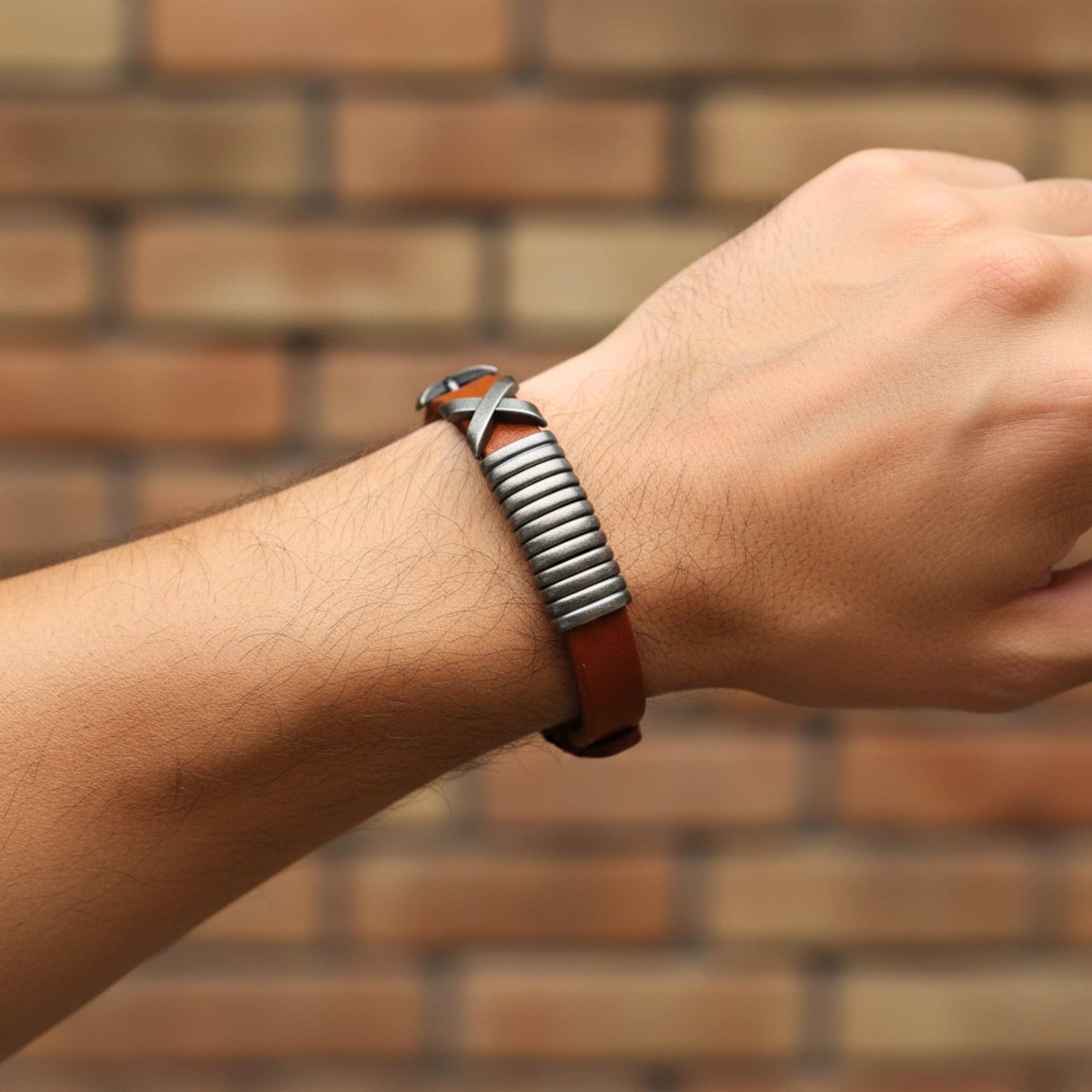 THE MEN THING Leather Bracelet REBEL RUSTX - 10mm Brown Genuine Leather Adjustable Bracelet for Men & Boys (9.8 inch)