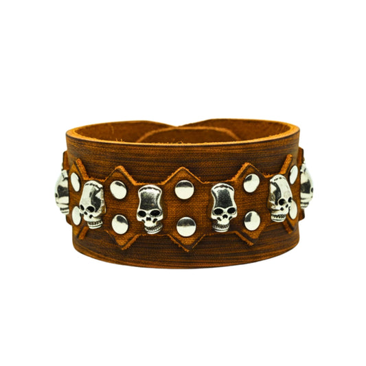 THE MEN THING Leather Bracelet REBEL SKULL - 38mm Brown Genuine Leather Adjustable Bracelet for Men & Boys (7.5-8.2-8.8 inch)