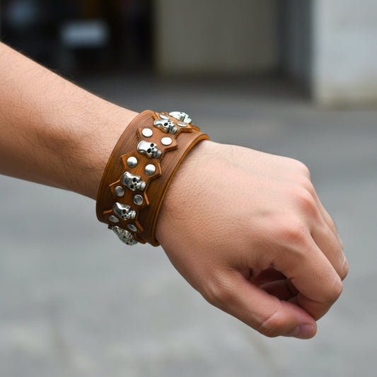 THE MEN THING Leather Bracelet REBEL SKULL - 38mm Brown Genuine Leather Adjustable Bracelet for Men & Boys (7.5-8.2-8.8 inch)