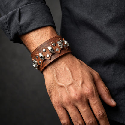 THE MEN THING Leather Bracelet REBEL SKULL - 38mm Brown Genuine Leather Adjustable Bracelet for Men & Boys (7.5-8.2-8.8 inch)