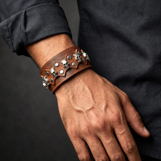 THE MEN THING Leather Bracelet REBEL SKULL - 38mm Brown Genuine Leather Adjustable Bracelet for Men & Boys (7.5-8.2-8.8 inch)