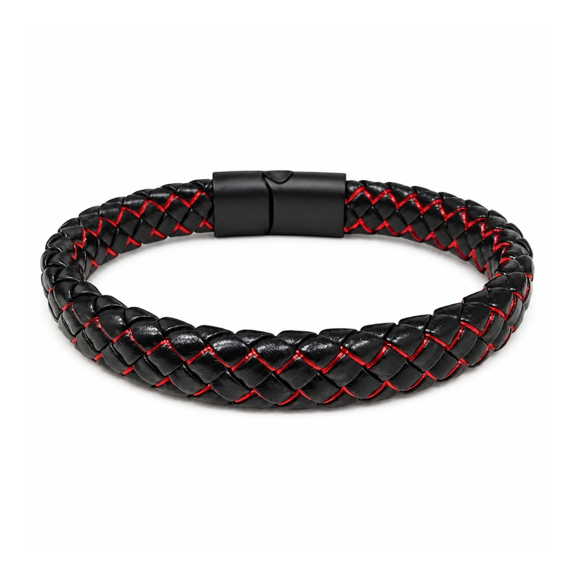 THE MEN THING Leather Bracelet REDLINE BLACK -  Genuine Leather Bracelet with Magnetic Buckle for Men & Boy (8 Inch)