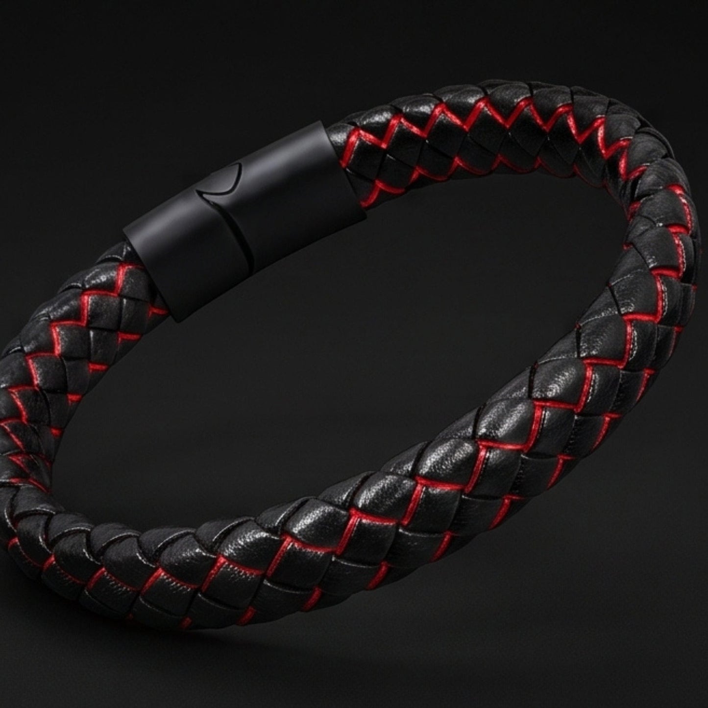 THE MEN THING Leather Bracelet REDLINE BLACK -  Genuine Leather Bracelet with Magnetic Buckle for Men & Boy (8 Inch)
