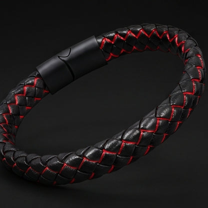 THE MEN THING Leather Bracelet REDLINE BLACK -  Genuine Leather Bracelet with Magnetic Buckle for Men & Boy (8 Inch)