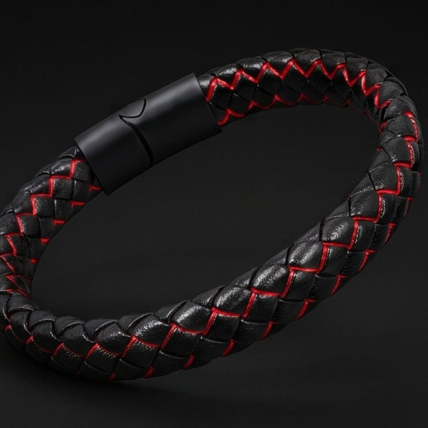 REDLINE BLACK -  Genuine Leather Bracelet with Magnetic Buckle for Men & Boy (8 Inch)