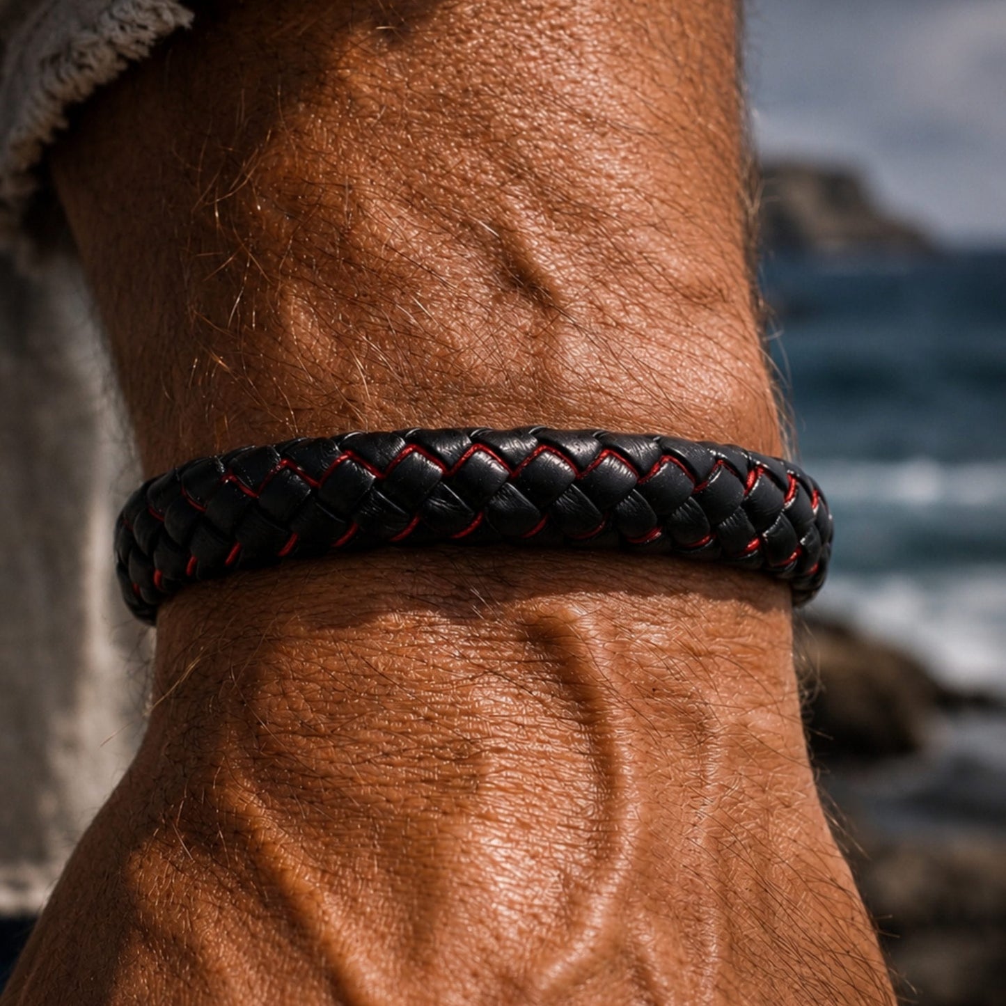 THE MEN THING Leather Bracelet REDLINE BLACK -  Genuine Leather Bracelet with Magnetic Buckle for Men & Boy (8 Inch)