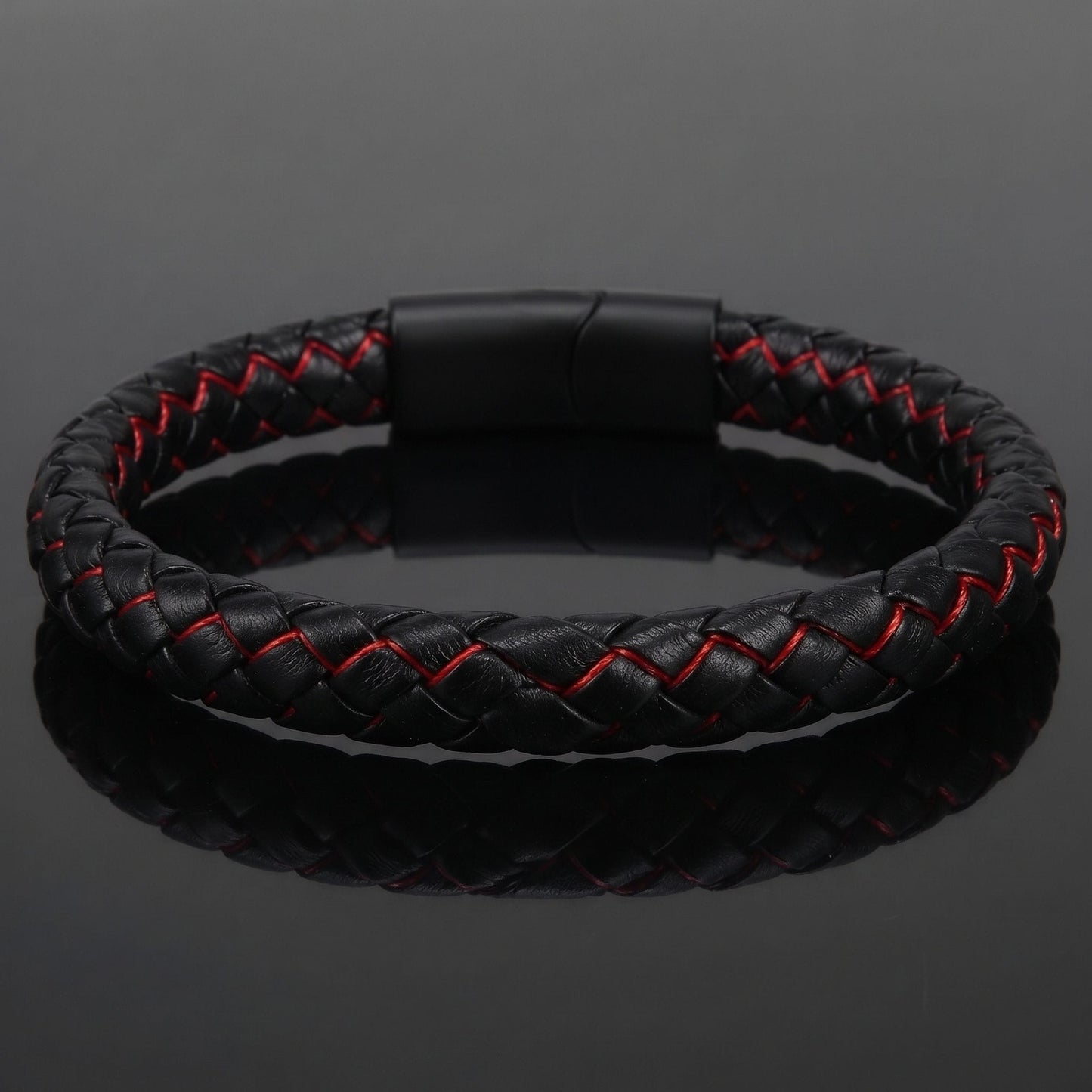 THE MEN THING Leather Bracelet REDLINE BLACK -  Genuine Leather Bracelet with Magnetic Buckle for Men & Boy (8 Inch)
