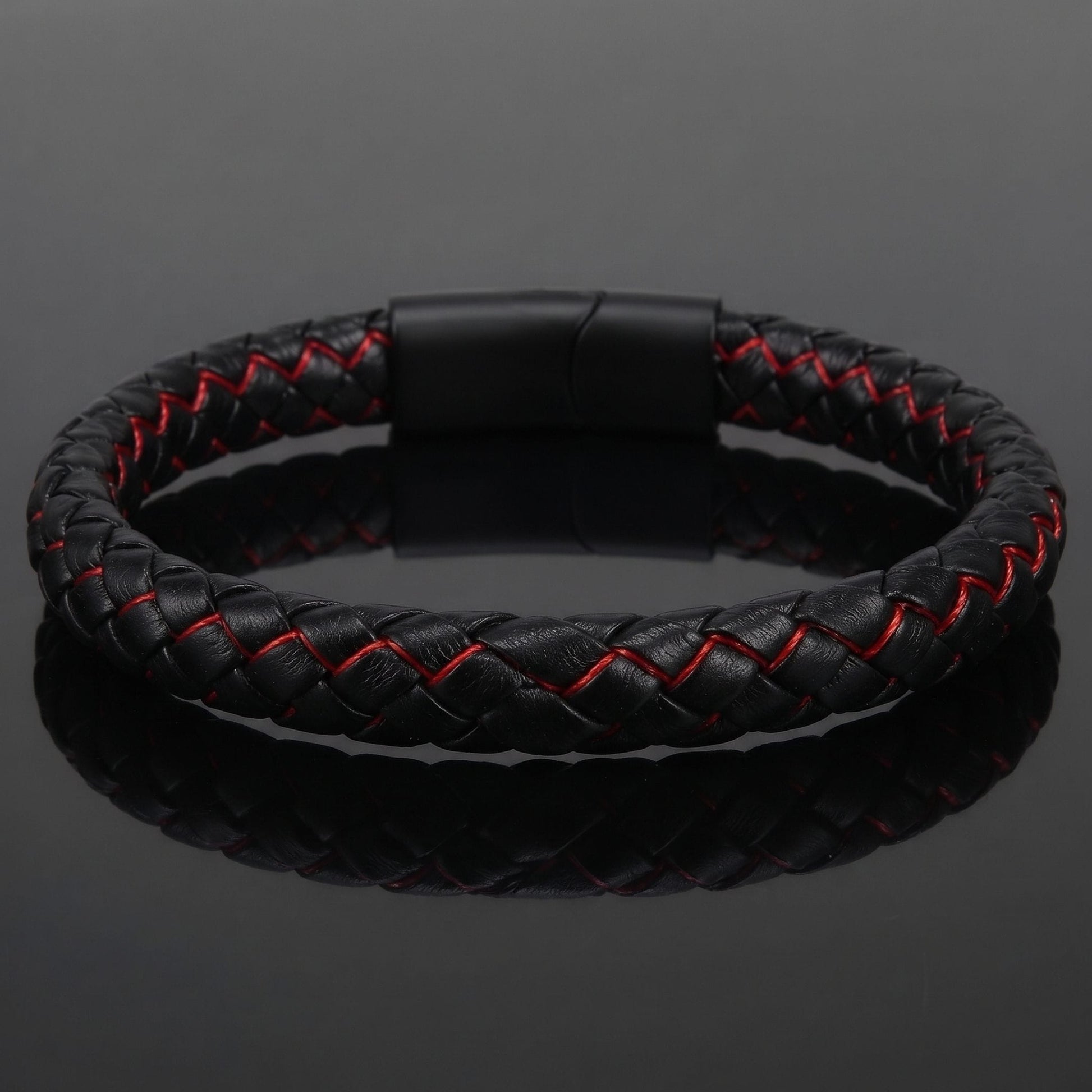 THE MEN THING Leather Bracelet REDLINE BLACK -  Genuine Leather Bracelet with Magnetic Buckle for Men & Boy (8 Inch)