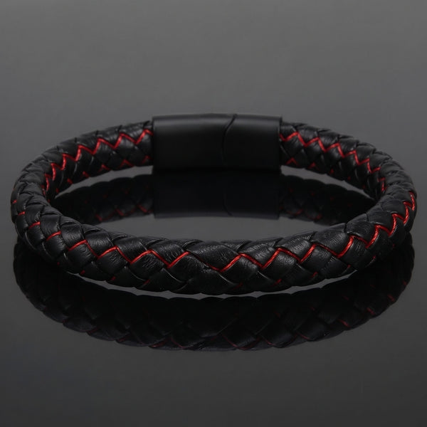 REDLINE BLACK -  Genuine Leather Bracelet with Magnetic Buckle for Men & Boy (8 Inch)