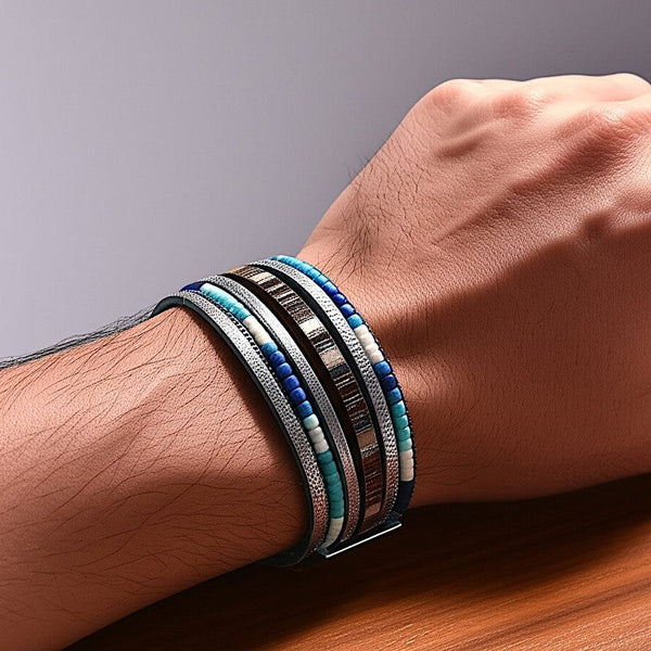 REGALIA - Blue Genuine Braided Leather Bracelet Set for Men & Boys (8 inch)