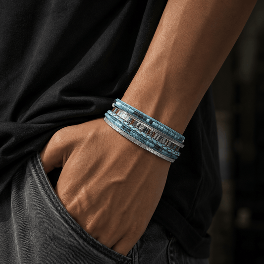 THE MEN THING Leather Bracelet REGALIA - Blue Genuine Braided Leather Bracelet Set for Men & Boys (8 inch)