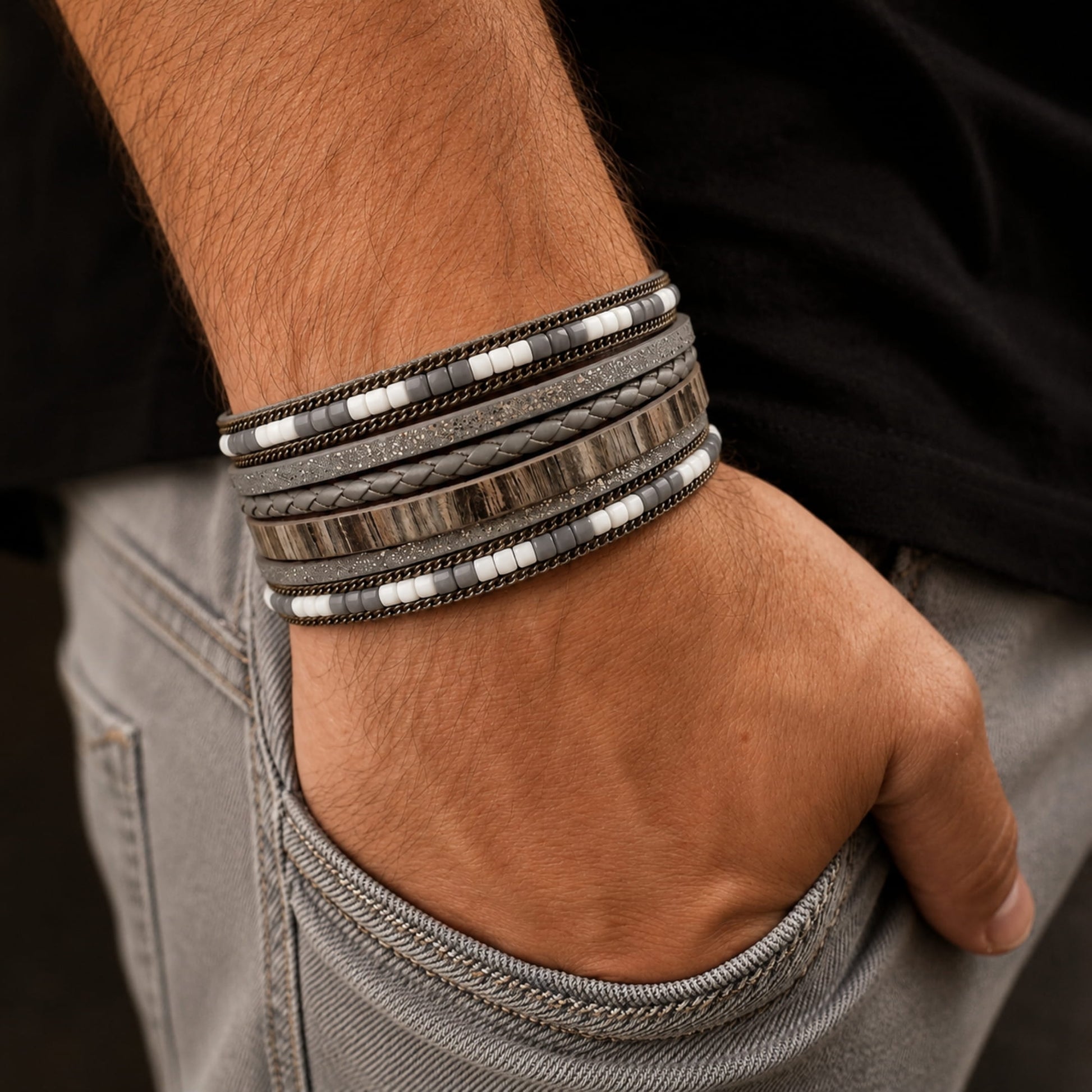 THE MEN THING Leather Bracelet REGALIA - Gray Genuine Braided Leather Bracelet Set for Men & Boys (8 inch)