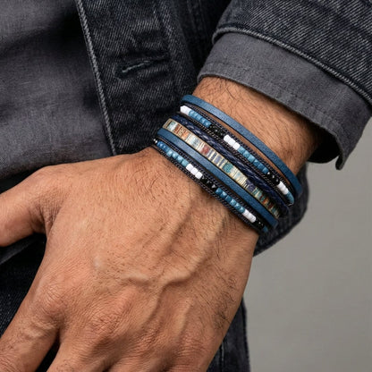 THE MEN THING Leather Bracelet REGALIA - Navy Genuine Braided Leather Bracelet Set for Men & Boys (8 inch)