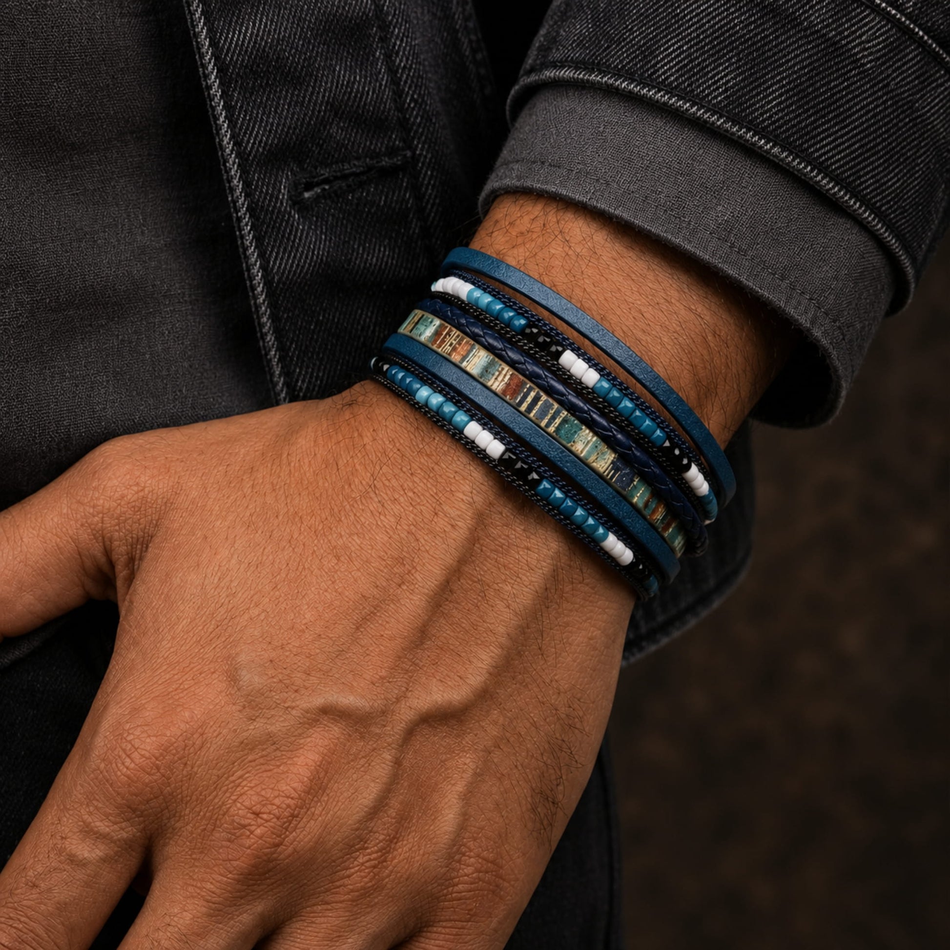 THE MEN THING Leather Bracelet REGALIA - Navy Genuine Braided Leather Bracelet Set for Men & Boys (8 inch)