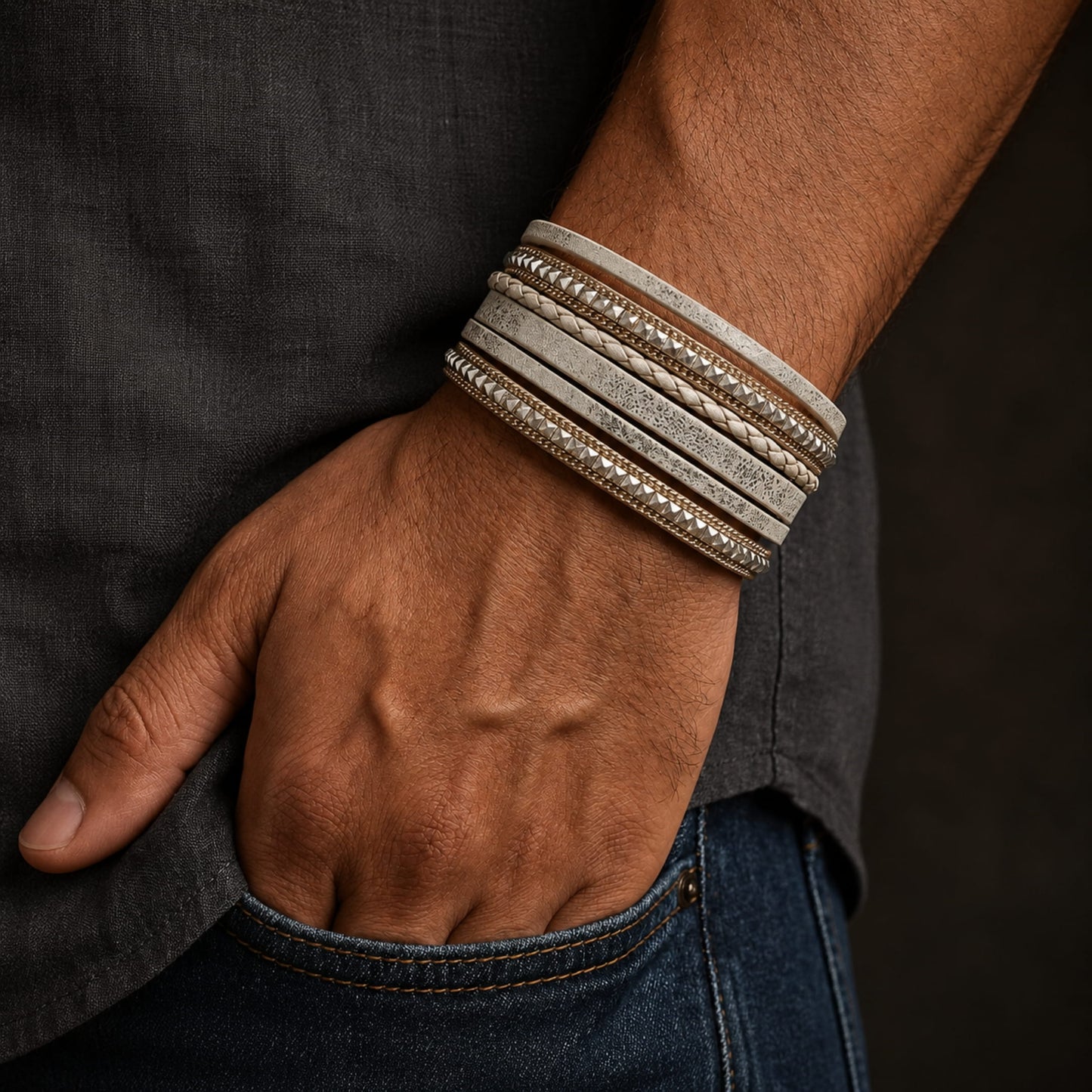 THE MEN THING Leather Bracelet REGALIA - Off White Genuine Braided Leather Bracelet Set for Men & Boys (8 inch)