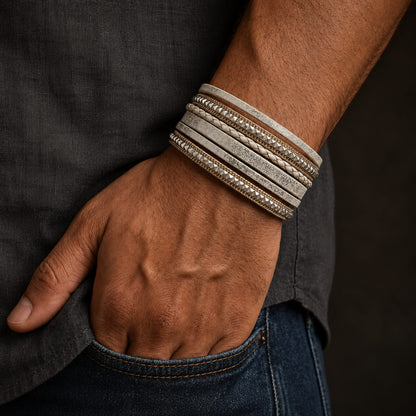 THE MEN THING Leather Bracelet REGALIA - Off White Genuine Braided Leather Bracelet Set for Men & Boys (8 inch)