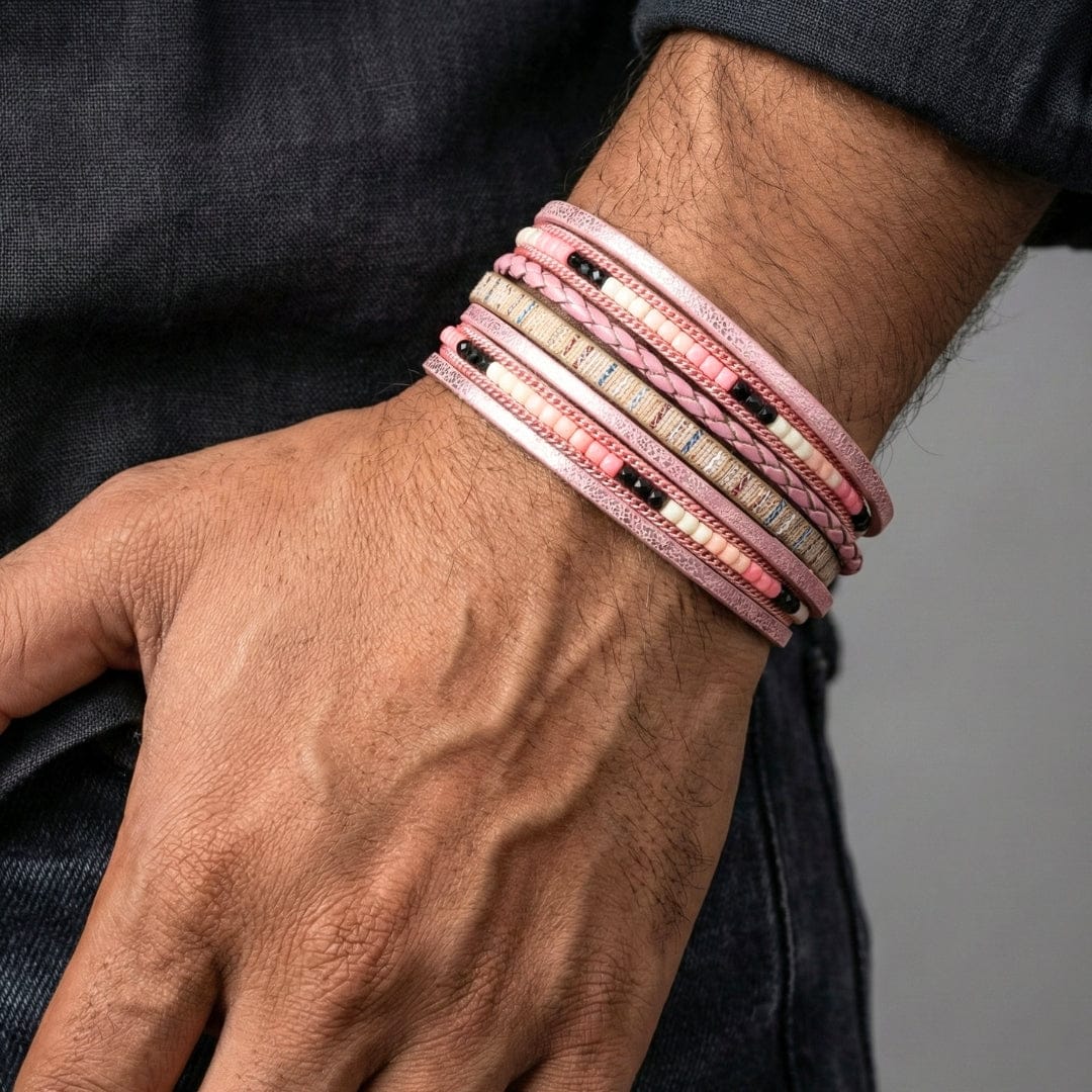 THE MEN THING Leather Bracelet REGALIA - Peach Genuine Braided Leather Bracelet Set for Men & Boys (8 inch)