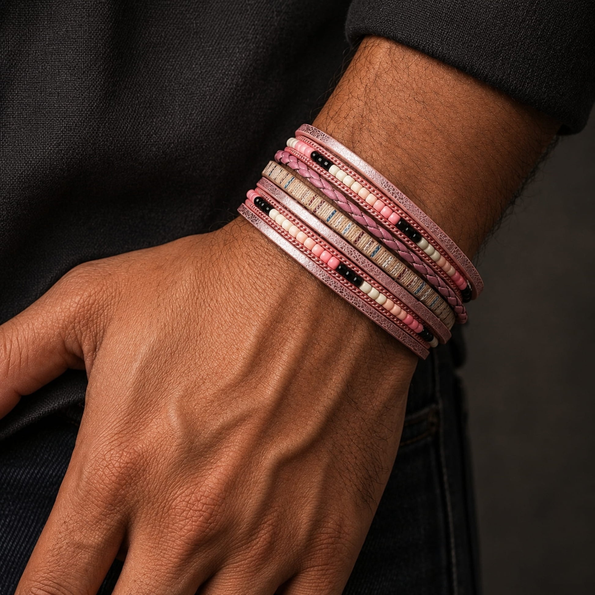 THE MEN THING Leather Bracelet REGALIA - Peach Genuine Braided Leather Bracelet Set for Men & Boys (8 inch)