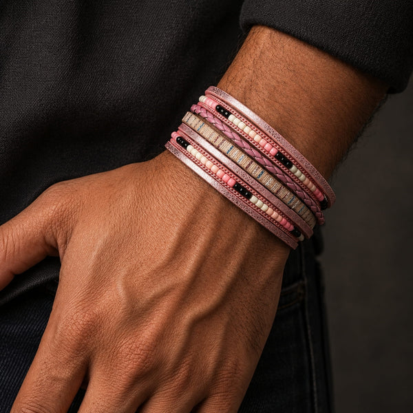 REGALIA - Peach Genuine Braided Leather Bracelet Set for Men & Boys (8 inch)
