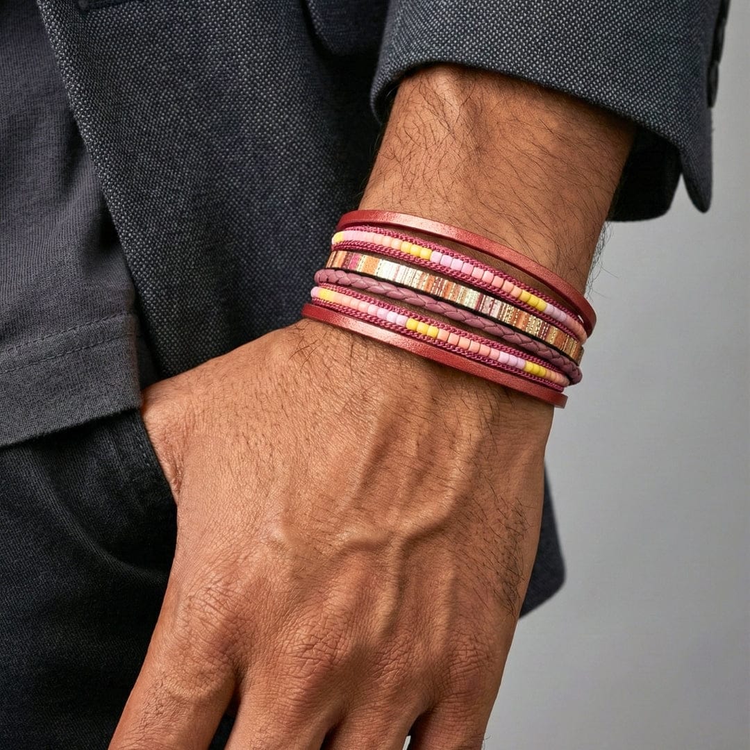 THE MEN THING Leather Bracelet REGALIA - Red Genuine Braided Leather Bracelet Set for Men & Boys (8 inch)