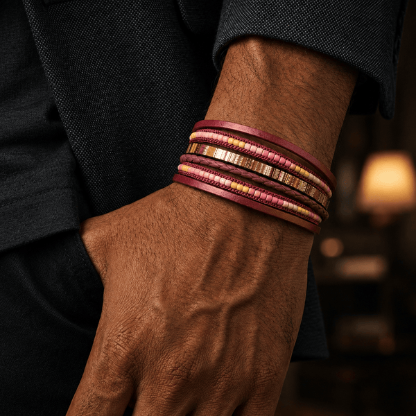 REGALIA - Red Genuine Braided Leather Bracelet Set for Men & Boys (8 inch)