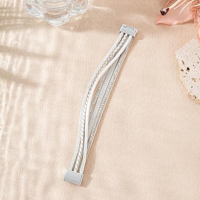 THE MEN THING Leather Bracelet REGALIA - Silver Genuine Braided Leather Bracelet Set for Men & Boys (8 inch)