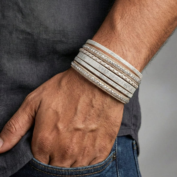 REGALIA - Silver Genuine Braided Leather Bracelet Set for Men & Boys (8 inch)