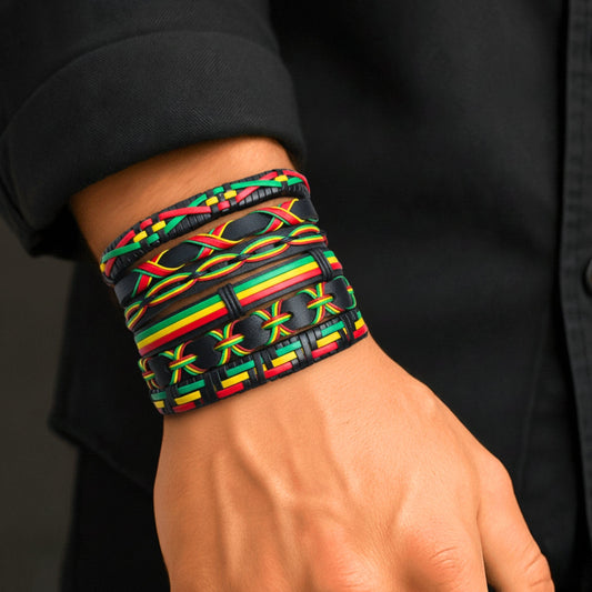 THE MEN THING Leather Bracelet REGGAE - 6 Pcs Genuine Leather Adjustable Bracelet Set for Men & Boys (8 inch)