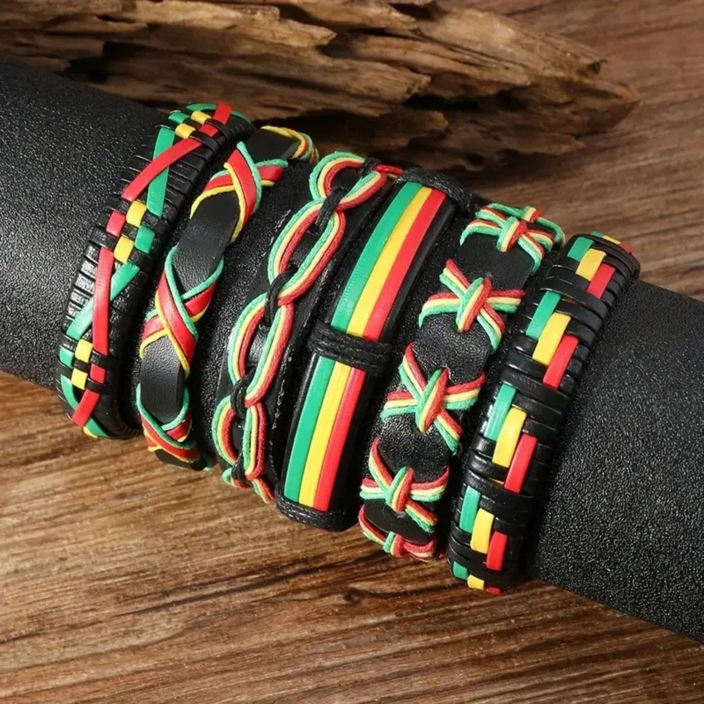 THE MEN THING Leather Bracelet REGGAE - 6 Pcs Genuine Leather Adjustable Bracelet Set for Men & Boys (8 inch)