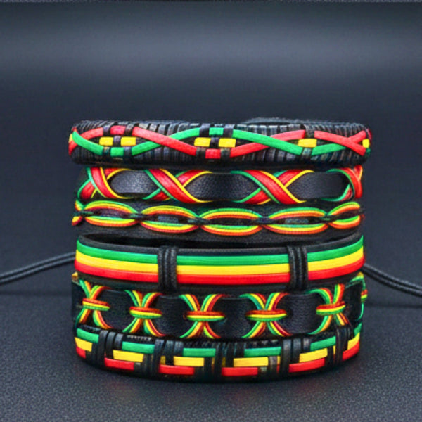REGGAE - 6 Pcs Genuine Leather Adjustable Bracelet Set for Men & Boys (8 inch)