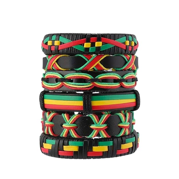 THE MEN THING Leather Bracelet REGGAE 6 Pcs Genuine Leather Adjustable Bracelet Set for Men & Boys (8 inch)