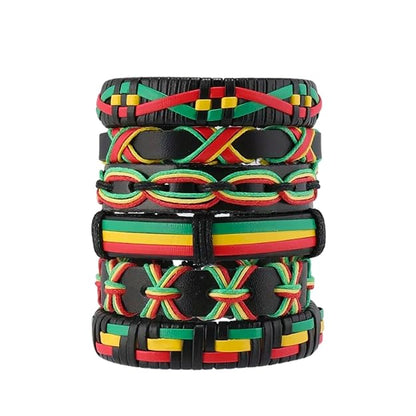 THE MEN THING Leather Bracelet REGGAE 6 Pcs Genuine Leather Adjustable Bracelet Set for Men & Boys (8 inch)