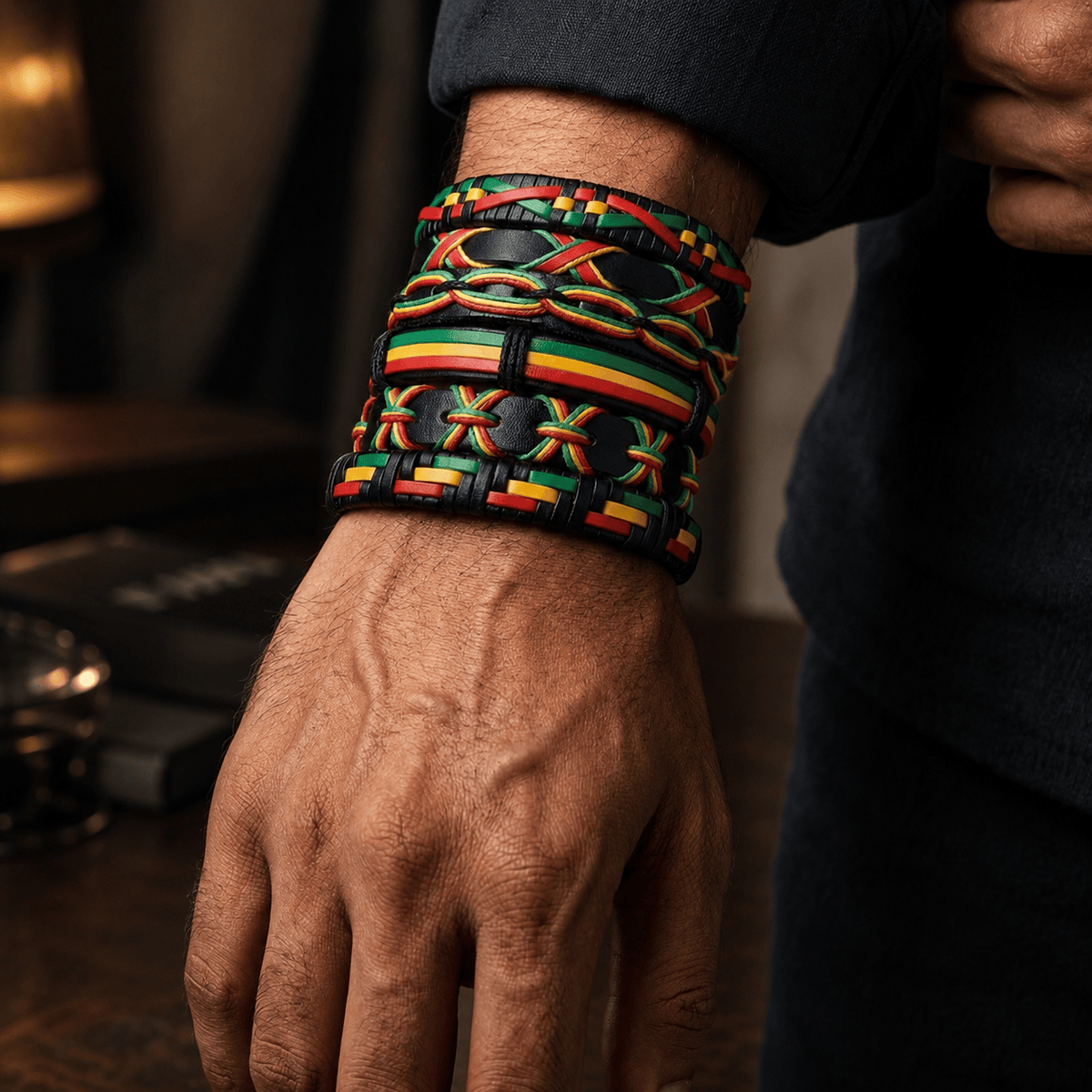 THE MEN THING Leather Bracelet REGGAE - 6 Pcs Genuine Leather Adjustable Bracelet Set for Men & Boys (8 inch)