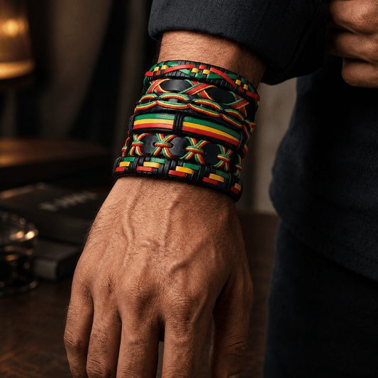 THE MEN THING Leather Bracelet REGGAE - 6 Pcs Genuine Leather Adjustable Bracelet Set for Men & Boys (8 inch)