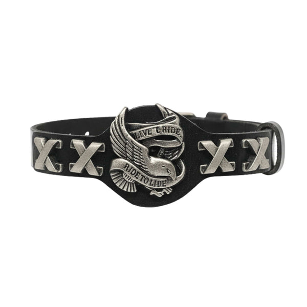 RIDESOUL EAGLE - 17mm Black Genuine Leather Adjustable Bracelet for Men & Boys (9.8 inch)