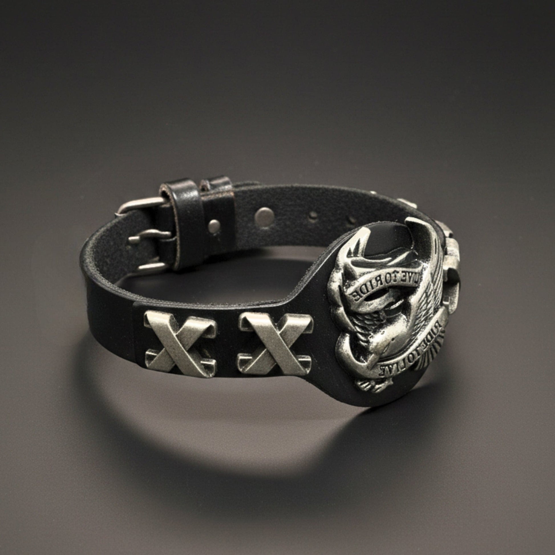 THE MEN THING Leather Bracelet RIDESOUL EAGLE - 17mm Black Genuine Leather Adjustable Bracelet for Men & Boys (9.8 inch)