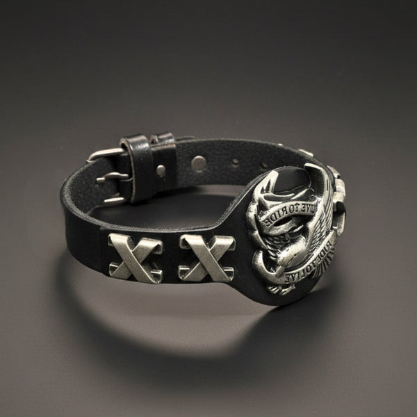 RIDESOUL EAGLE - 17mm Black Genuine Leather Adjustable Bracelet for Men & Boys (9.8 inch)