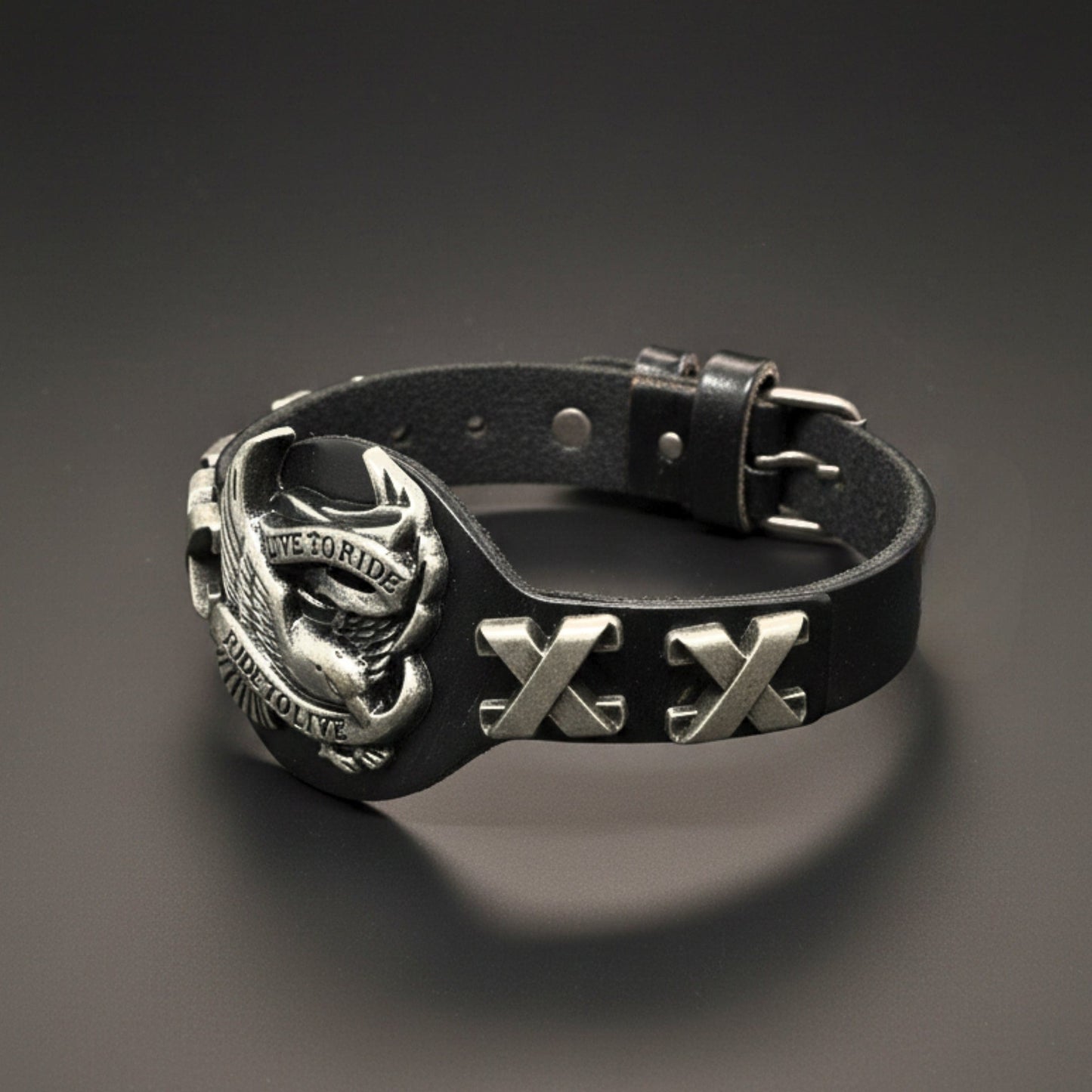 THE MEN THING Leather Bracelet RIDESOUL EAGLE - 17mm Black Genuine Leather Adjustable Bracelet for Men & Boys (9.8 inch)