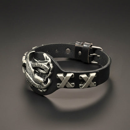 THE MEN THING Leather Bracelet RIDESOUL EAGLE - 17mm Black Genuine Leather Adjustable Bracelet for Men & Boys (9.8 inch)