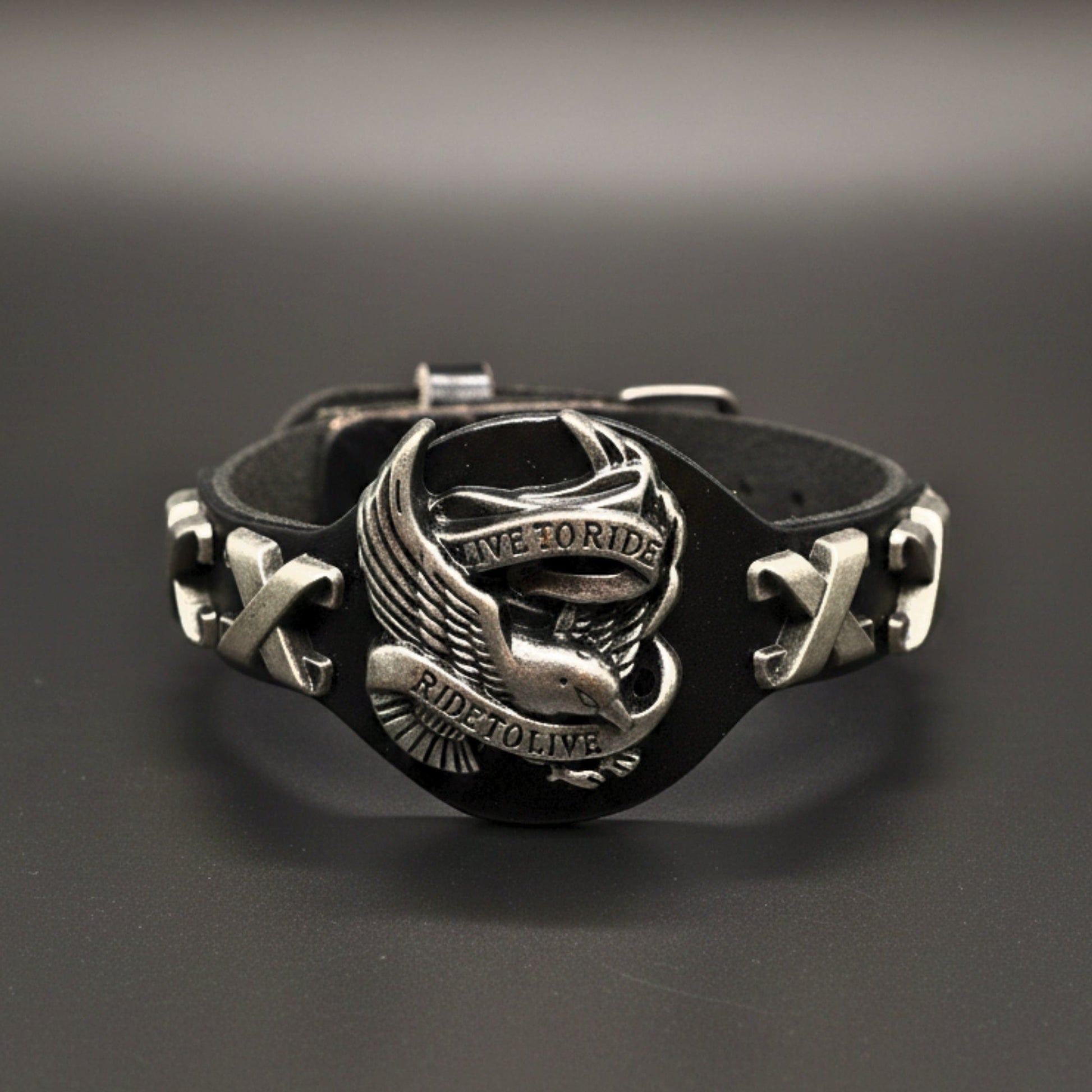 THE MEN THING Leather Bracelet RIDESOUL EAGLE - 17mm Black Genuine Leather Adjustable Bracelet for Men & Boys (9.8 inch)