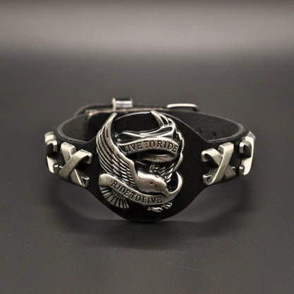 THE MEN THING Leather Bracelet RIDESOUL EAGLE - 17mm Black Genuine Leather Adjustable Bracelet for Men & Boys (9.8 inch)